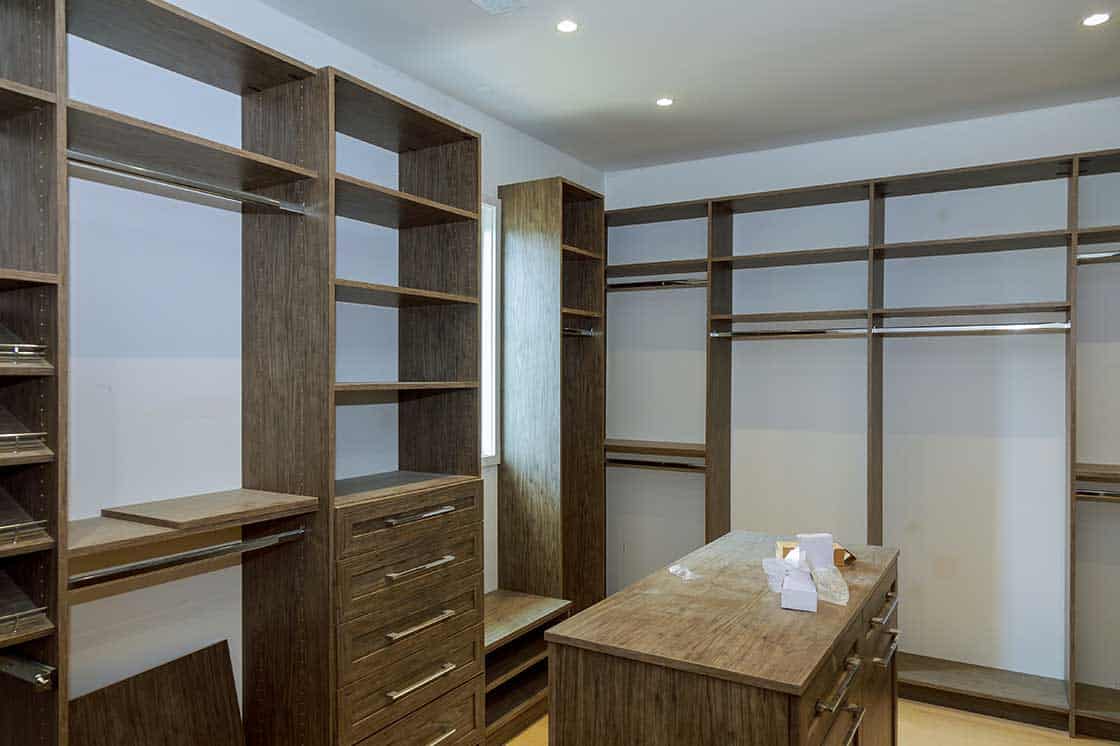 A modular closet system with various components.