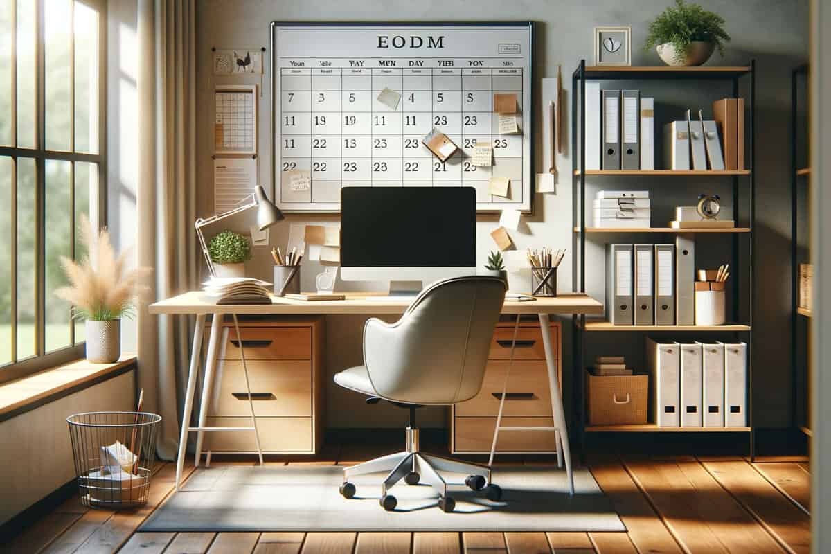 Establish a Routine: A well-organized home office with a calendar or planner.