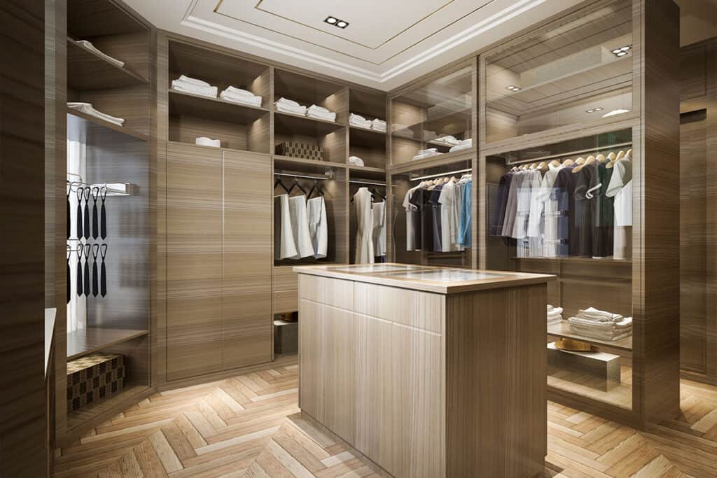 Spacious Walk-in Closet design in Balm, FL featuring modern wooden cabinetry and ample shelving.