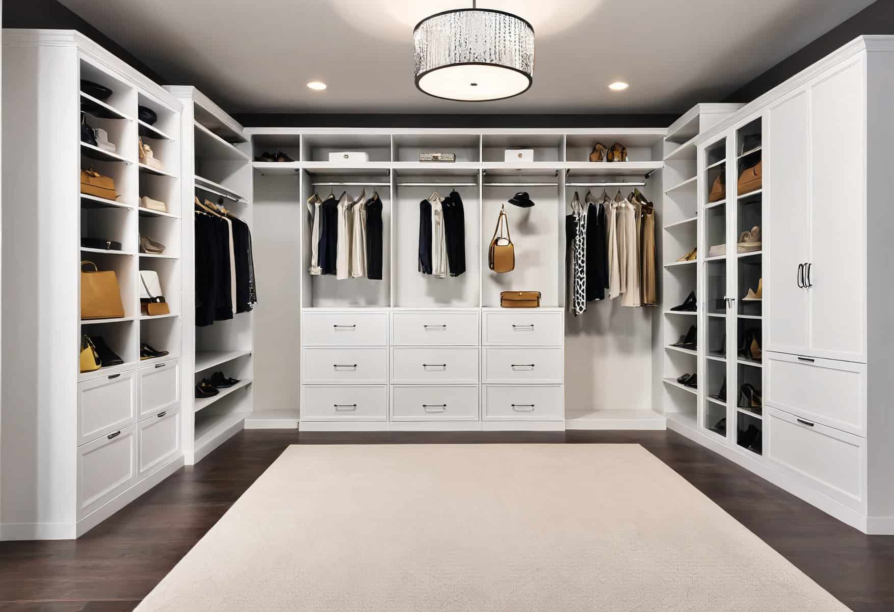 Customized walk-in closet maximizing storage and style. 