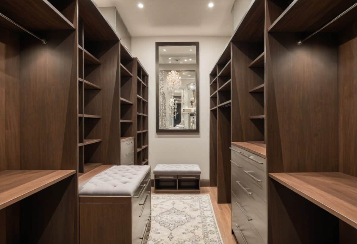 A compact yet luxurious walk-in closet with a bench, mirror, and decorative rug.