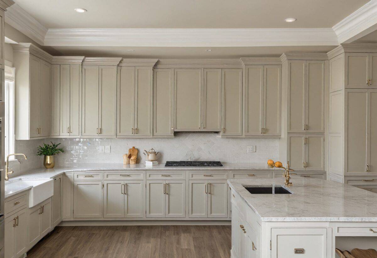 A luxurious kitchen featuring ceiling-height cabinets, crown molding, and a soft neutral color palette.