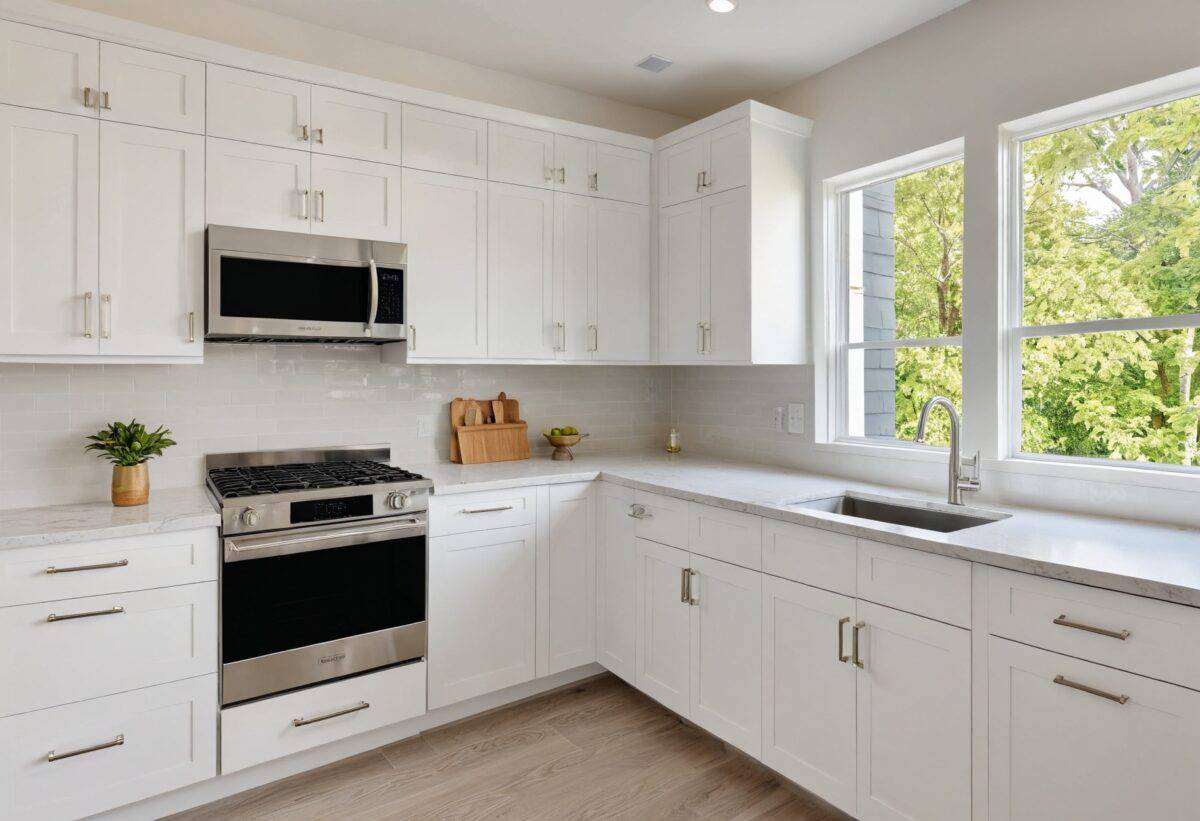 A modern kitchen showcasing shaker cabinets in a bright white finish paired with quartz countertops and sleek hardware.