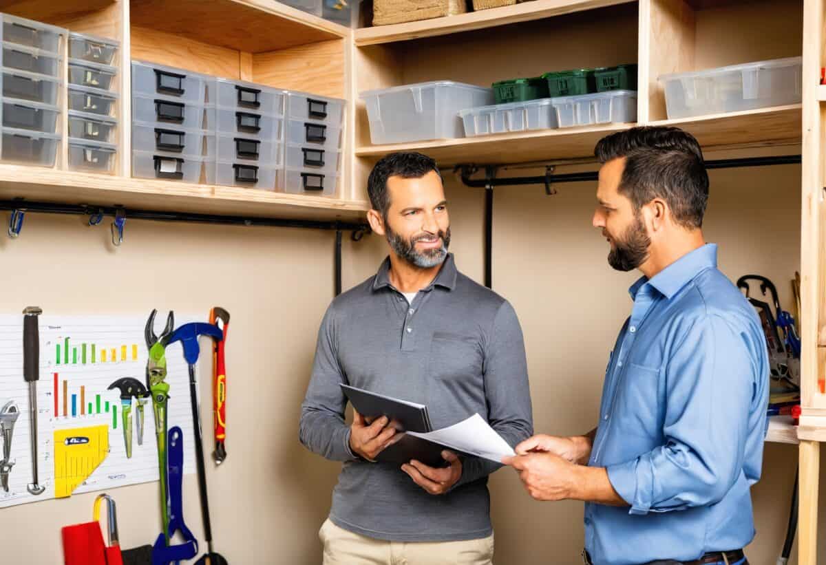 A TRU Home Pros professional organizer consulting with a homeowner in the garage