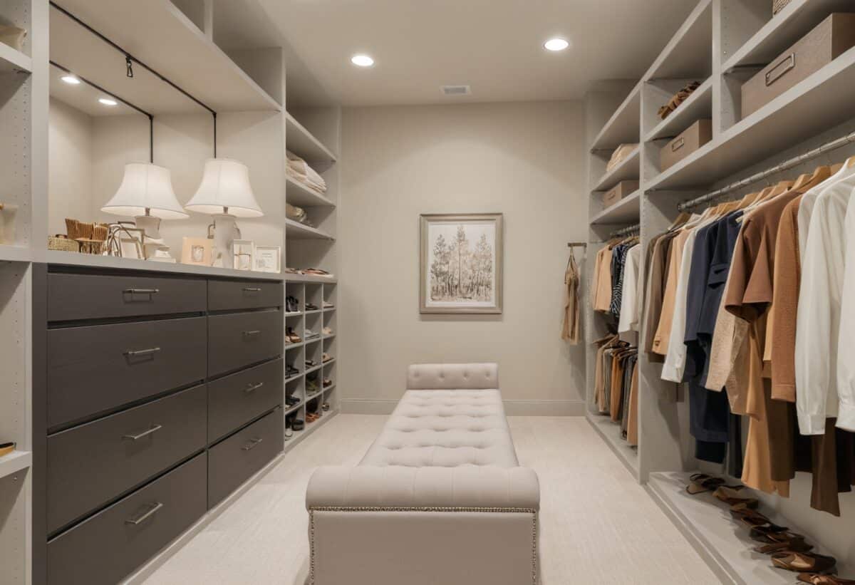 A stylish walk-in closet featuring neatly organized shelves, hanging clothes, and accent lighting.