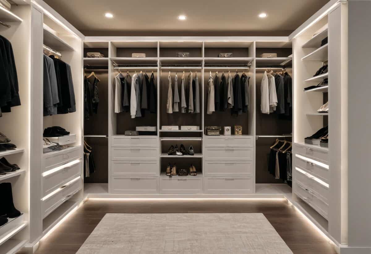 A walk-in closet with LED lighting