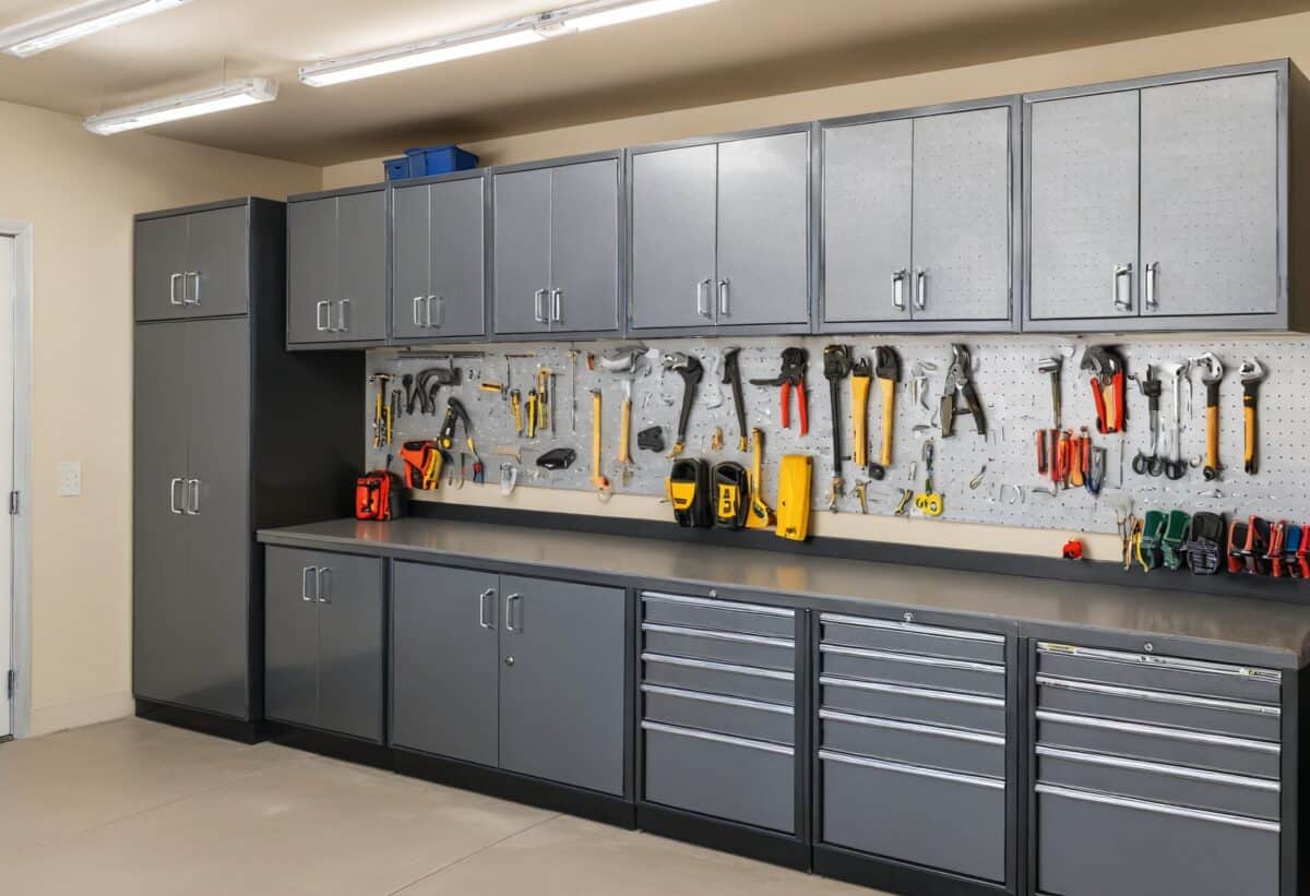 A well-organized garage with metal cabinets neatly mounted on the walls, tools and storage boxes inside, showing a clean and efficient layout.