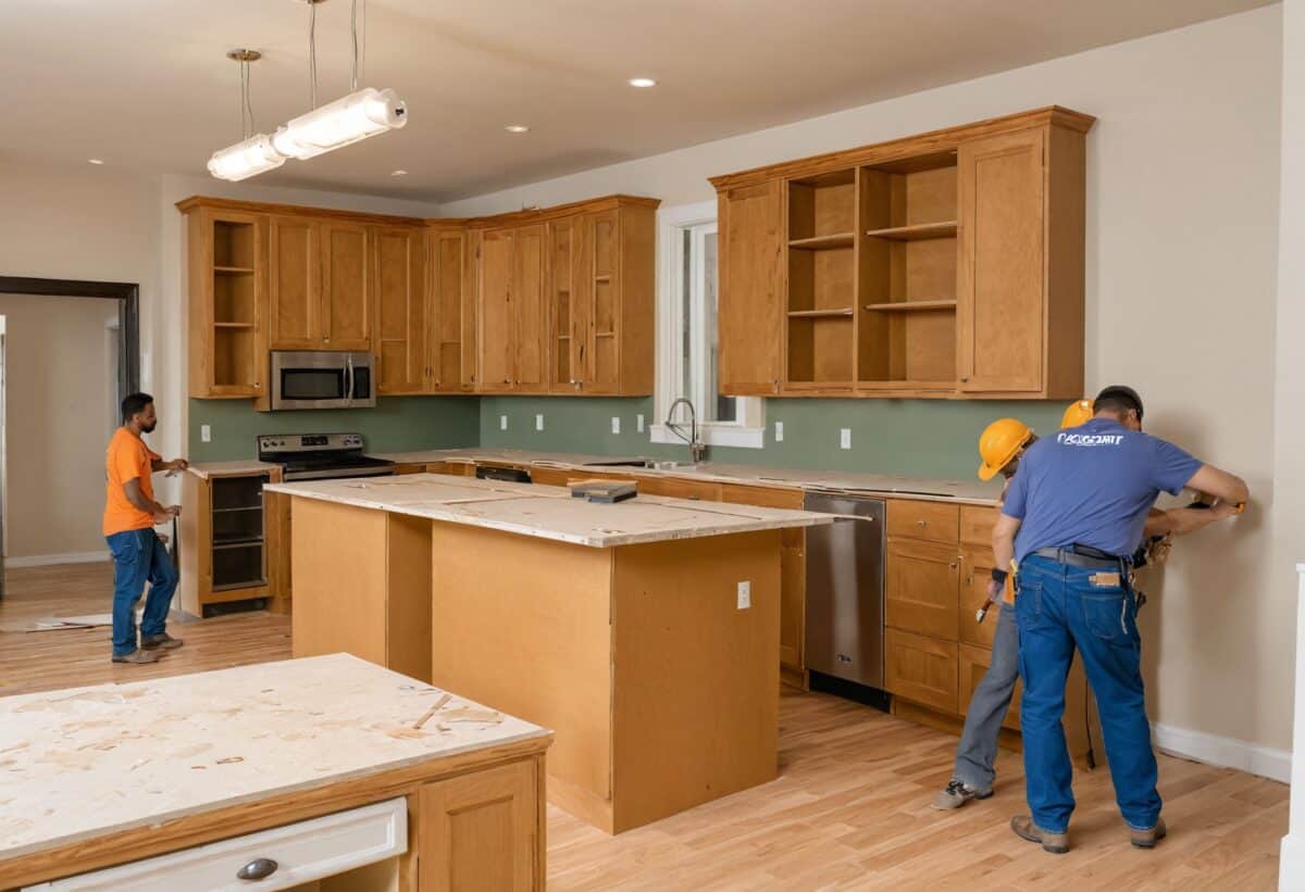 An image of an installation process, highlighting persons professionals leveling cabinets and preparing for countertop placement.