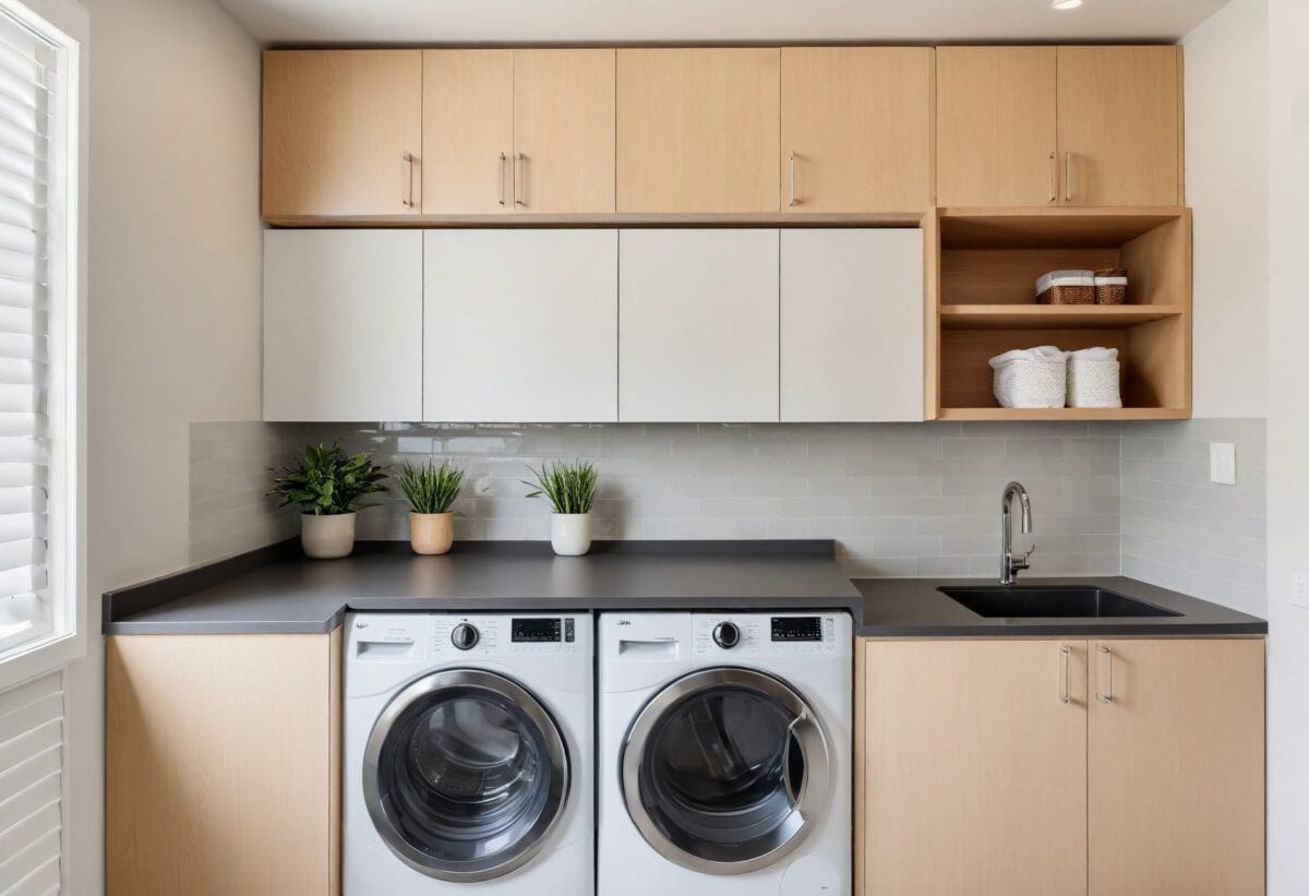 A modern laundry room featuring sleek upper and lower cabinets, a countertop for folding, and stylish backsplash.