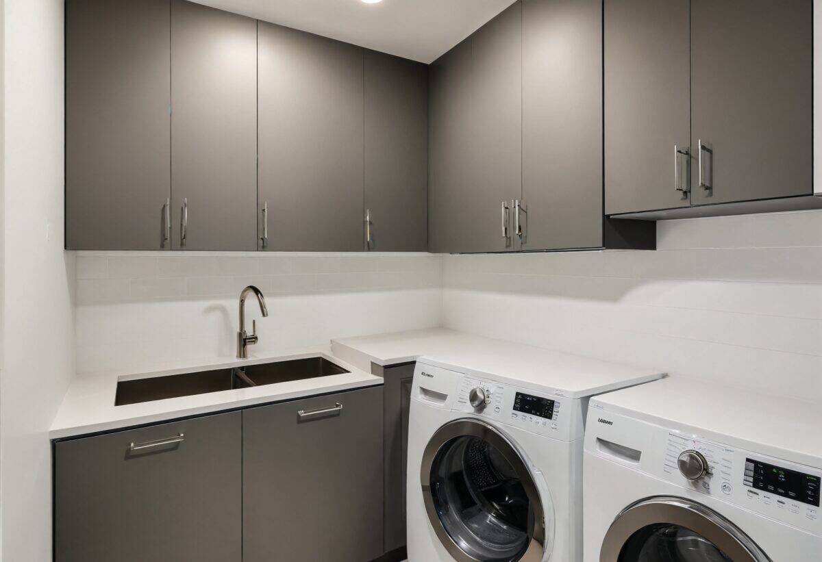 A close-up of a laundry cabinet with labeled storage bins and neatly organized supplies.