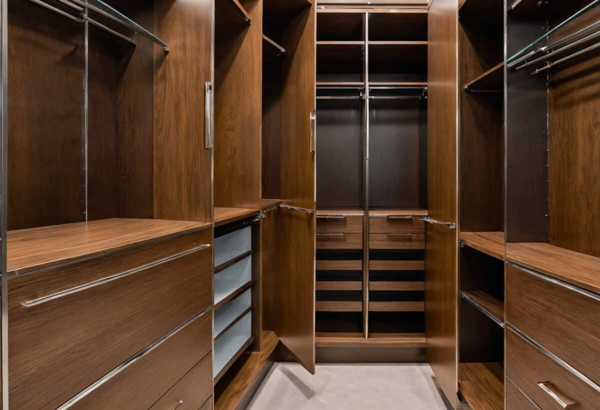 Materials used in high-end closets, such as a combination of wood finishes, glass, and metal accents