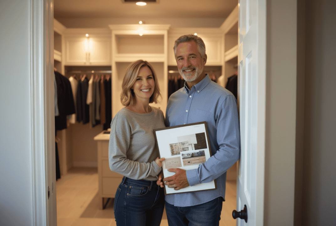 Sarasota Couple Celebrating New Walk-In Closet by TRU Home Pros A Sarasota couple stands in front of their new custom walk-in closet, designed by TRU Home Pros.