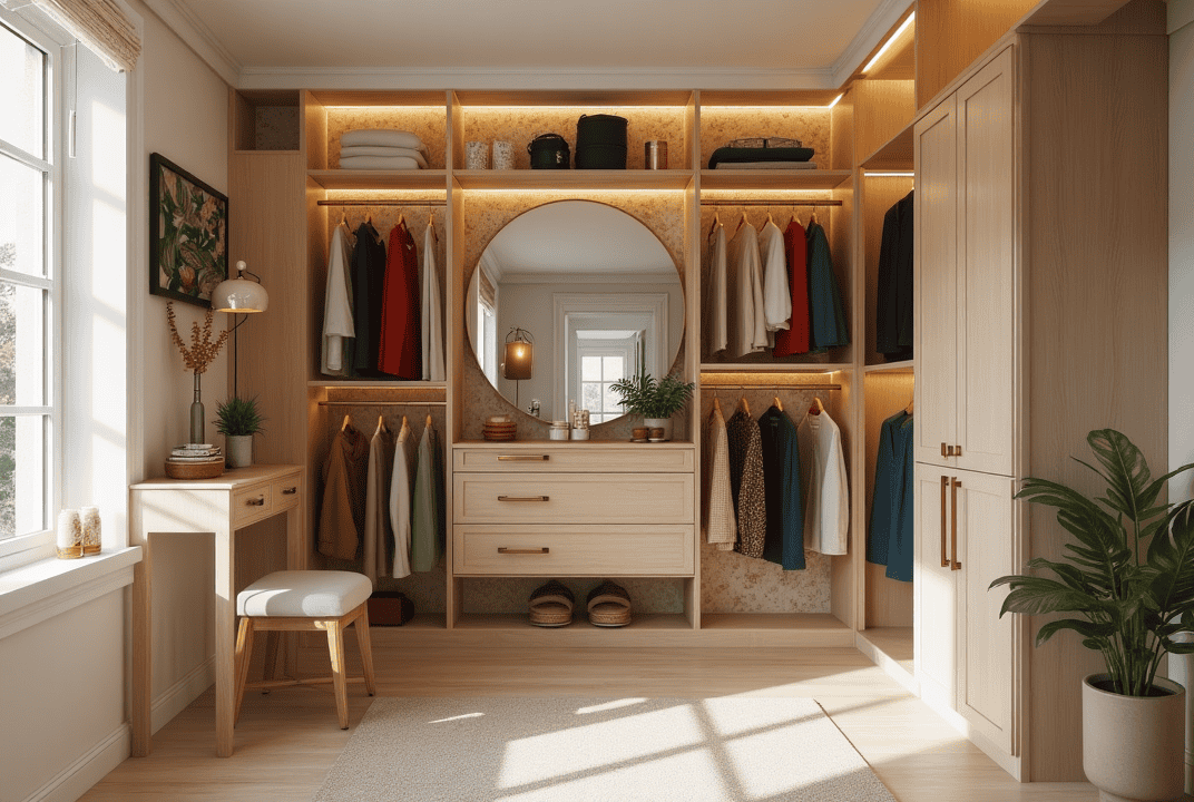 Closet Design Trends in Sarasota for Modern Homes Stylish Sarasota custom closet with bold wallpaper, LED lighting, floating shelves, and tropical-inspired finishes.