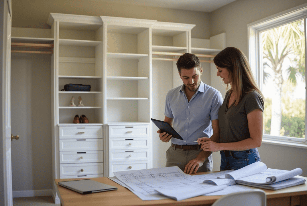 Custom Closet Design and Installation Process in Sarasota Sarasota homeowner and designer reviewing custom closet plans with partially installed shelving in the background.