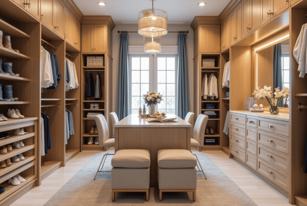 Custom Closet Upgrades and Luxury Add-ons in Sarasota Sarasota walk-in closet with island seating, vanity, pull-out hampers, hidden compartments, and tech charging station.