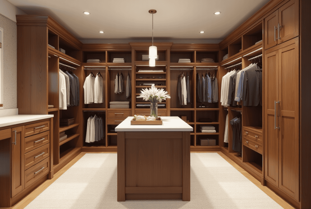 Modern Walk-In Closet Design in Sarasota Home A custom-designed walk-in closet in Sarasota featuring wood shelves, built-in drawers, and ambient lighting.