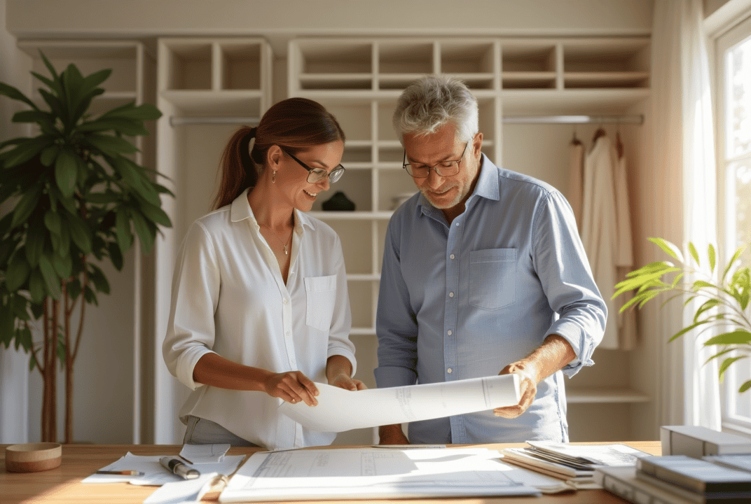 Planning a Custom Closet with a Designer in Sarasota Sarasota homeowner and designer planning a custom closet with blueprints and fabric samples in a coastal-inspired home office.