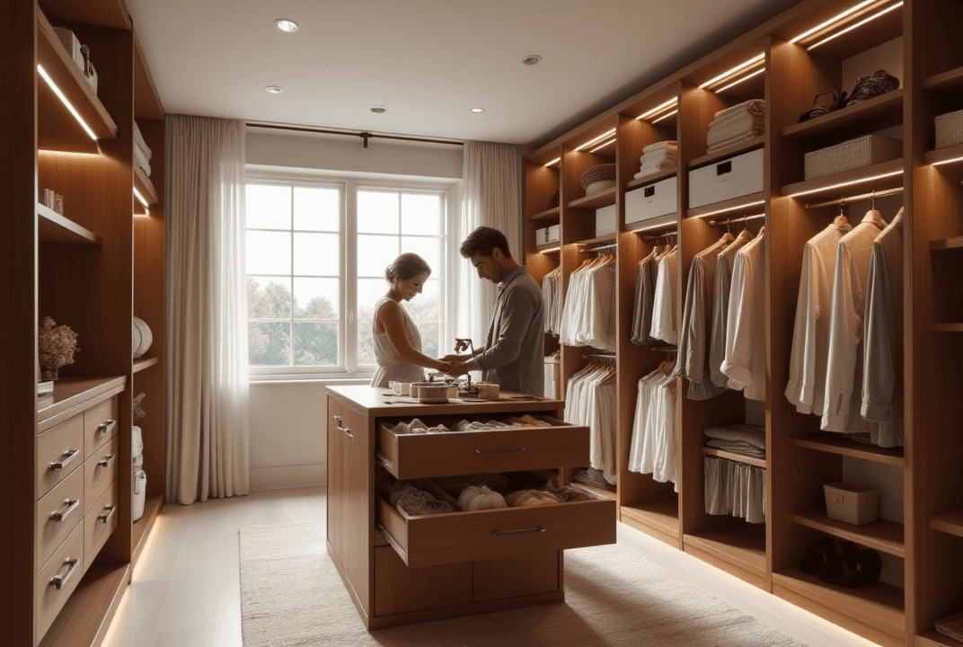 Sarasota Couple Planning Their Dream Walk-In ClosetSarasota Couple Planning Their Dream Walk-In Closet A couple organizing their custom walk-in closet in Sarasota, surrounded by wooden shelves, built-in drawers, and soft lighting.