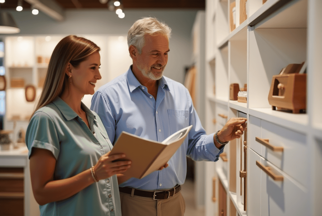 Sarasota Couple Shopping for Closet Materials A couple in their 50s shopping for lighting and hardware at a Sarasota home design showroom.
