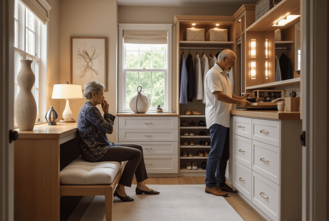 Sarasota Couple Using Furniture Features in Walk-In Closet A Sarasota couple in their 50s using a vanity and closet island inside their walk-in closet.