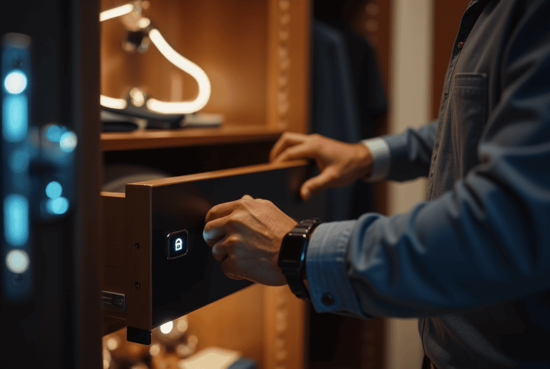Sarasota Man Using Smart Closet Security Features A man in his 50s unlocking a biometric drawer in his Sarasota walk-in closet with voice-controlled lighting.