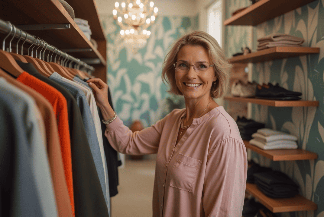 Sarasota's latest walk-in closet trends blend function, beauty, and personal style. A woman in her 50s arranging outfits by color in a trend-forward walk-in closet in Sarasota.