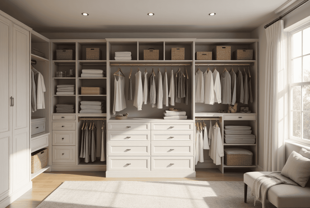 Smart Closet Storage Innovations in Sarasota Homes Custom closet in Sarasota with vertical shelving, tiered hanging rods, floating storage, and smart drawer systems.