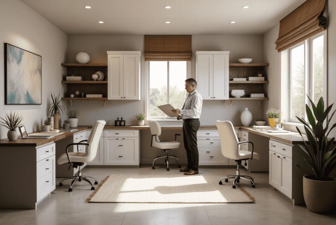 Man using custom Sarasota home office built inside a converted garage with built-ins and coastal design