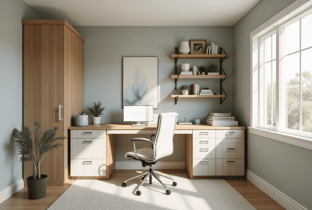 L-shaped built-in desk with floating shelves in a bright Sarasota home office