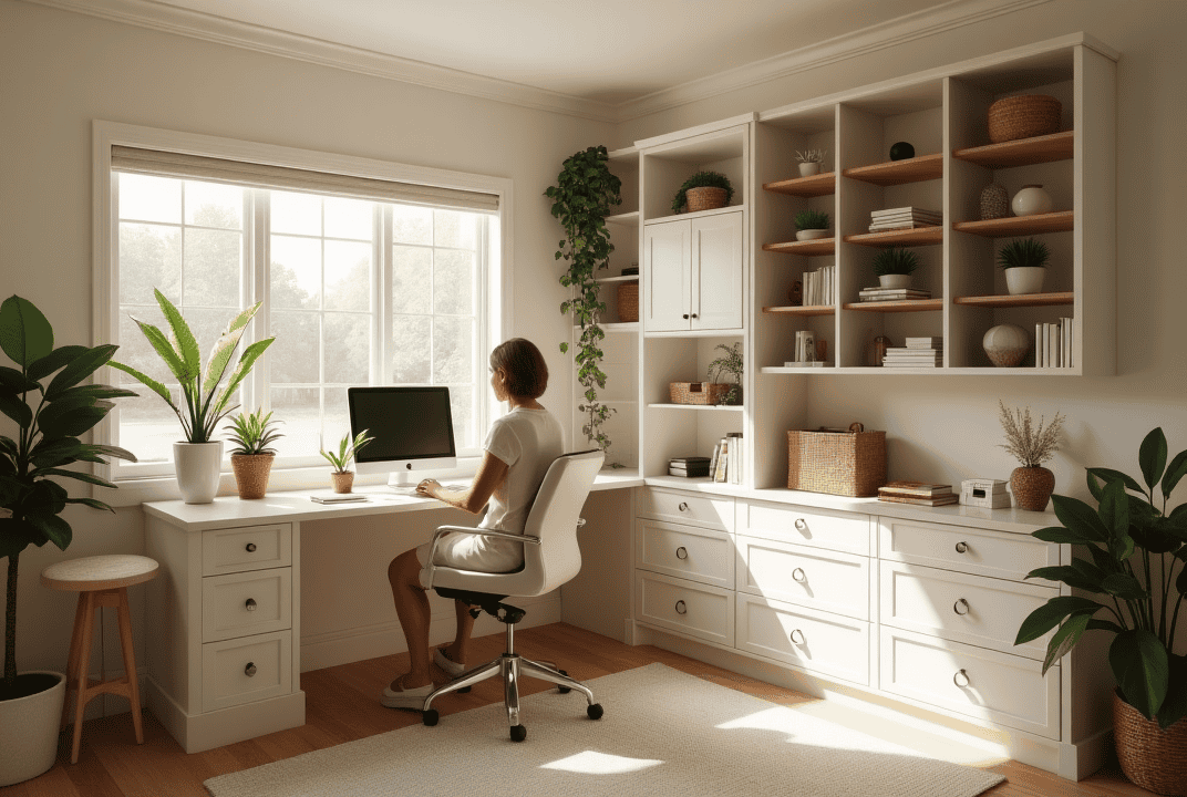 Professional Sarasota woman using her custom home office with built-in cabinets and storage