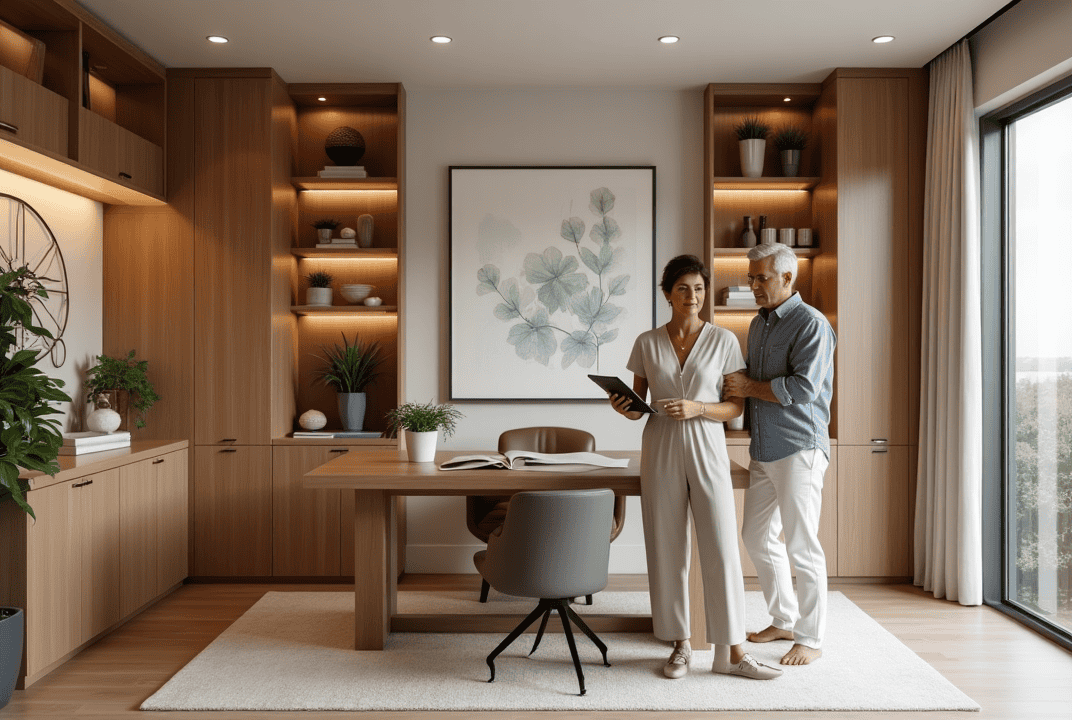 Homeowner and designer review a modern Sarasota home office featuring smart storage and coastal decor