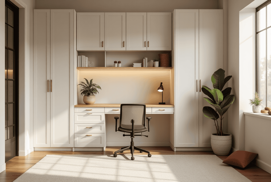Wellness-inspired Sarasota home office with ergonomic furniture and built-in storage cabinets