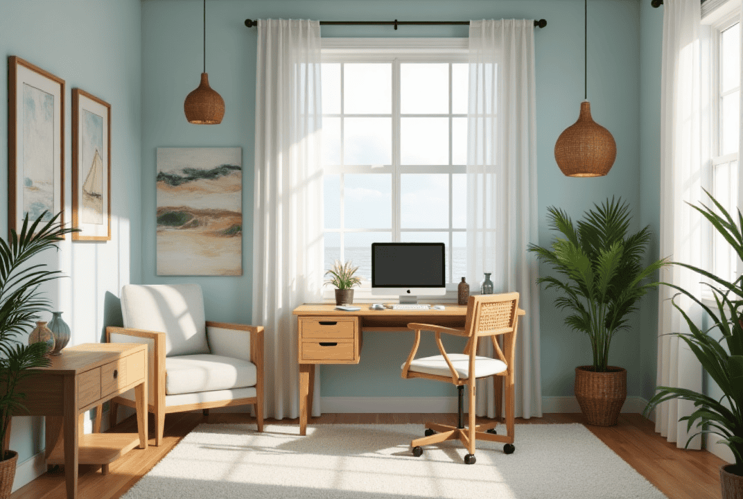 Sunlit Sarasota home office with light blue walls and coastal-inspired decor
