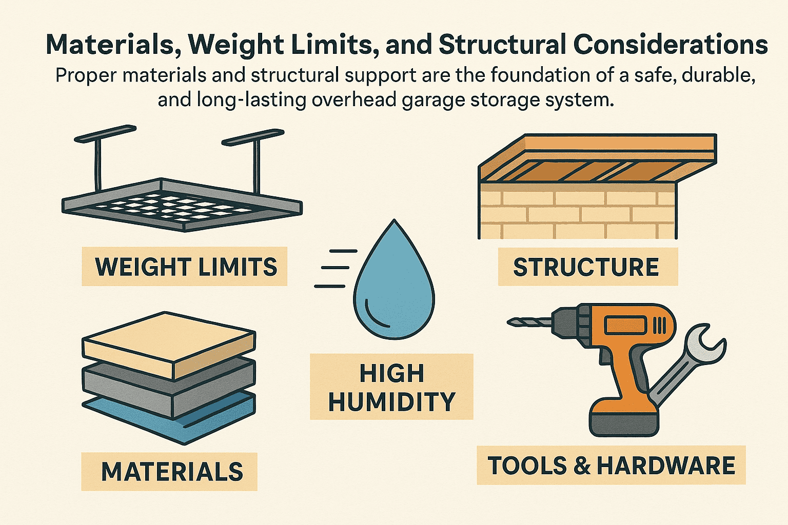 Sarasota Garage Rack Materials and Structural Requirements Infographic showing garage rack weight limits, materials, ceiling structure, humidity, and tools