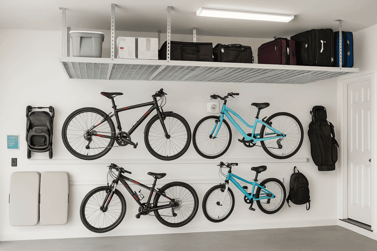 Stationary Overhead Garage Racks Installed in Sarasota Home Sarasota garage with professionally installed stationary ceiling racks and mounted bicycles
