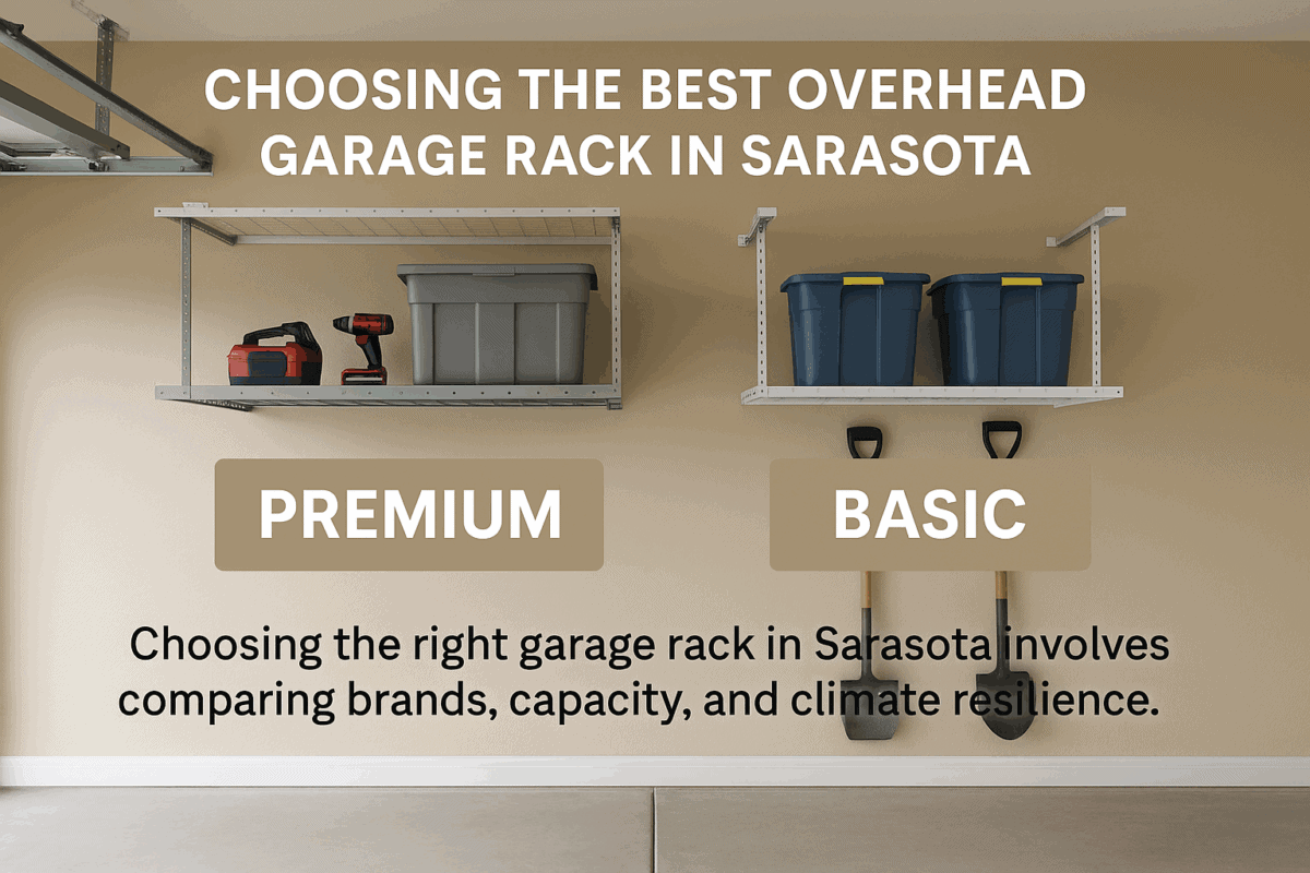 Choosing the Best Overhead Garage Rack in Sarasota Comparison of two overhead garage racks installed in a Sarasota garage