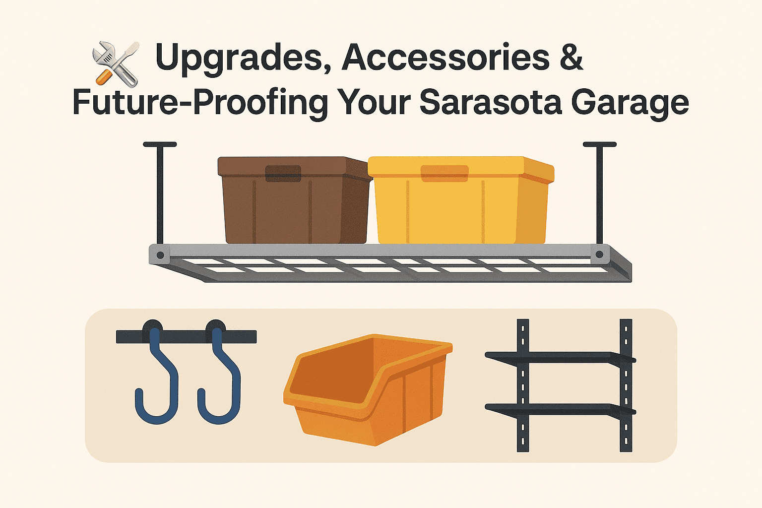 Garage Overhead Rack Accessories and Upgrade Ideas Sarasota Garage ceiling racks with accessory hooks, labeled bins, and adjustable add-ons in a Sarasota garage