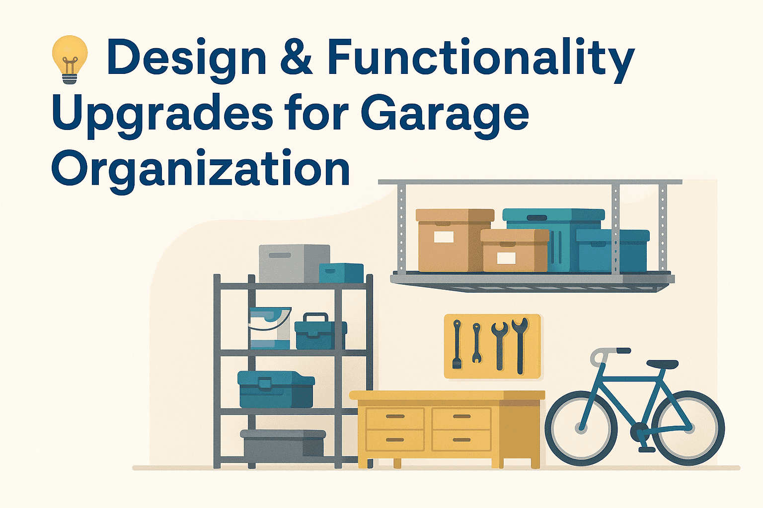 Garage Overhead Rack Design and Organization Ideas Sarasota Infographic of a well-organized Sarasota garage with overhead storage, shelving, and workbench