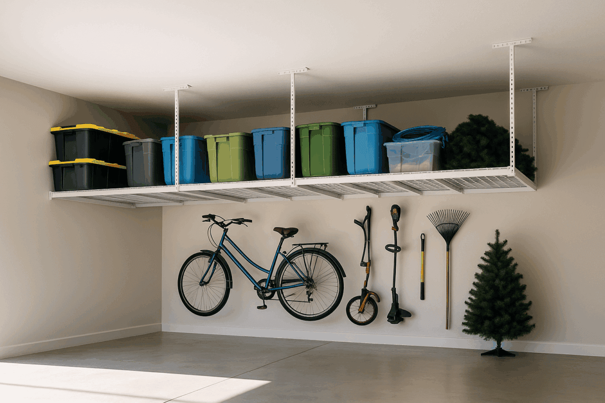 Organized Sarasota Garage with Overhead Storage Racks Ceiling-mounted garage storage racks in a Sarasota home