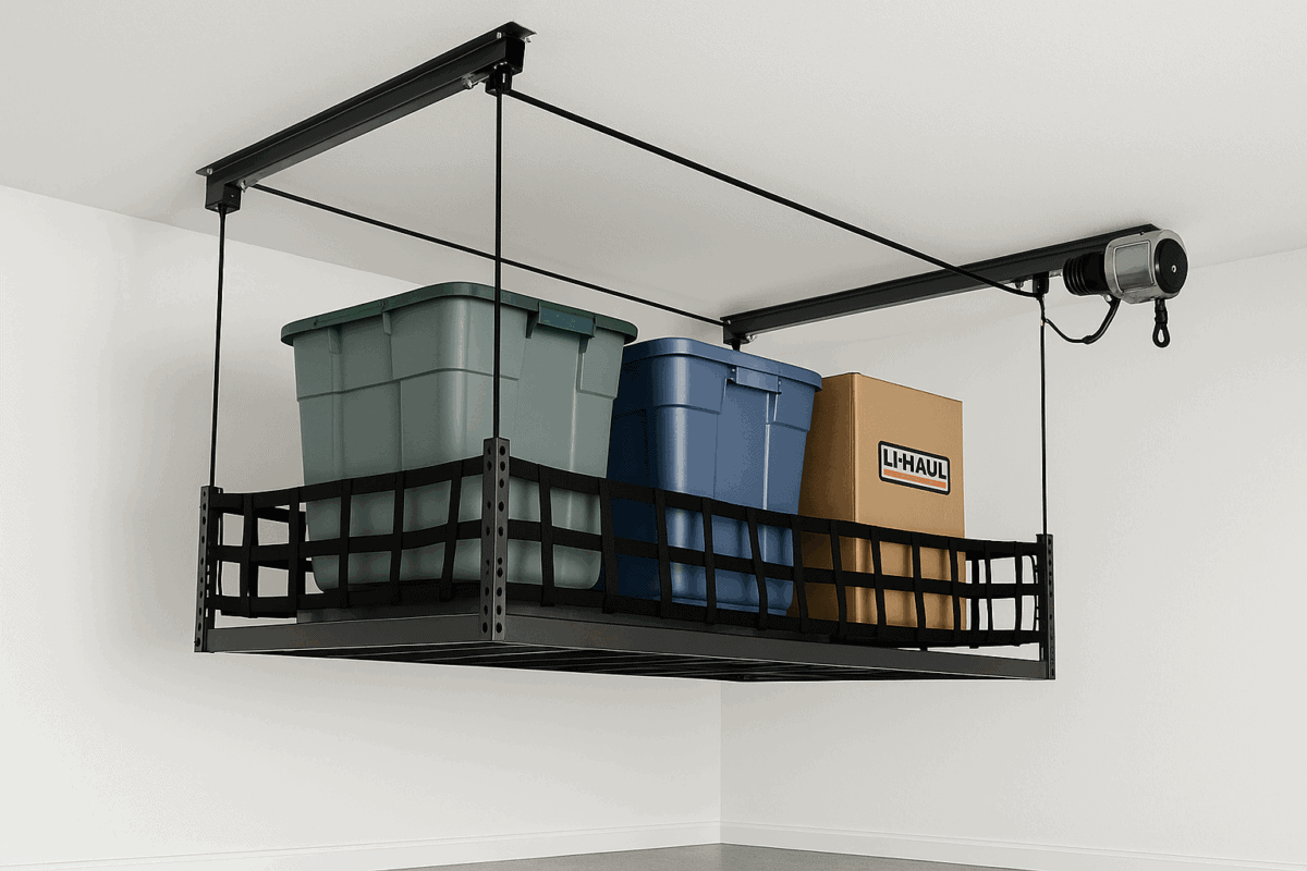 Motorized garage rack in Sarasota storing beach and seasonal gear