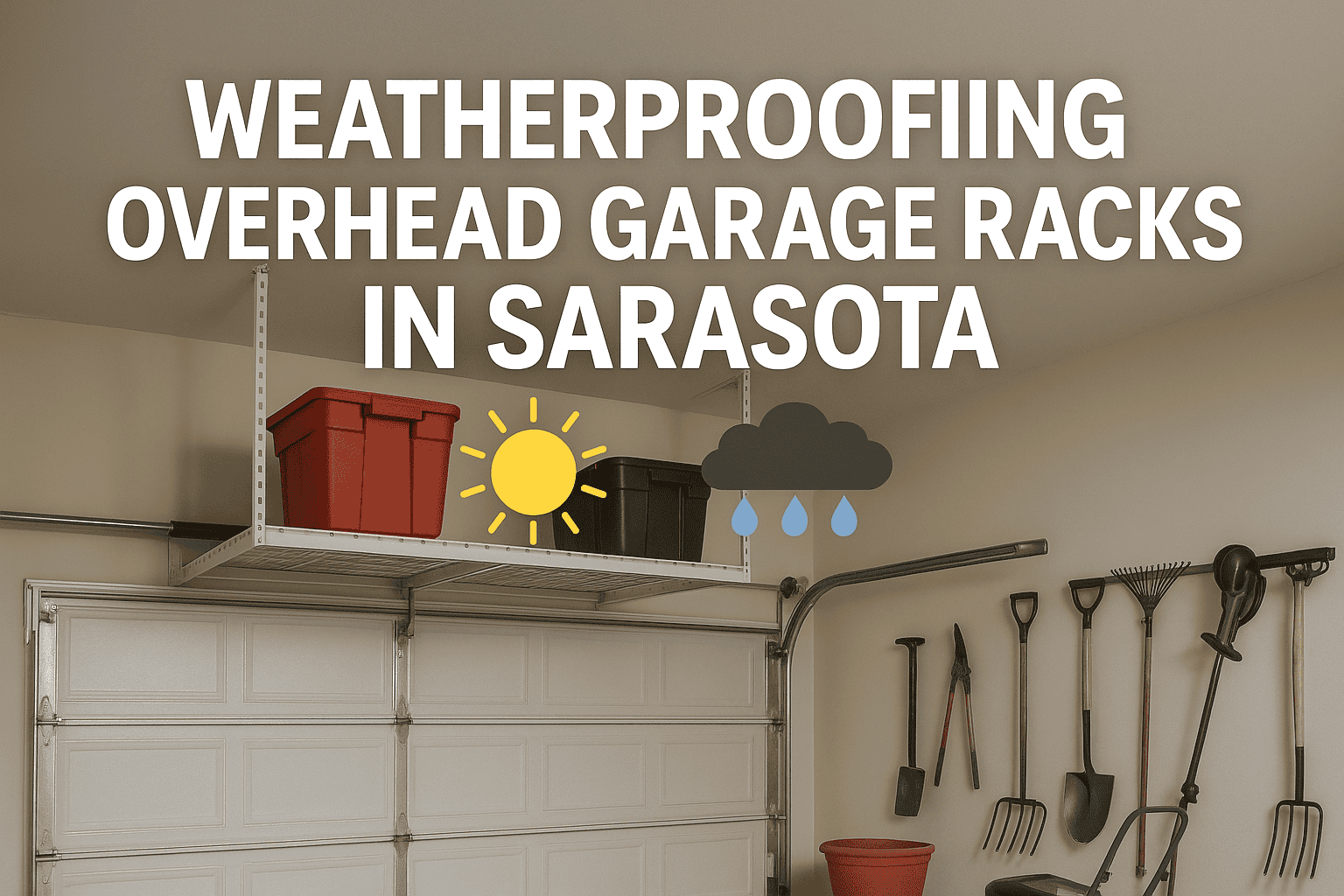 Weatherproofing Overhead Garage Racks in Sarasota Infographic showing Sarasota garage with overhead racks under sun and rain icons for weatherproofing tips